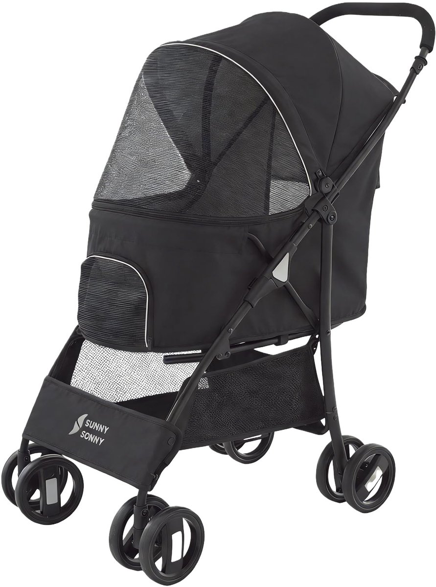SnelShoppen - Sunny Sonny Huisdier Kinderwagen voor Honden & Katten tot 15 kg, Opvouwbare Draagbare Reisdrager met Zwenkwiel, Regentak, Grote Opbergma