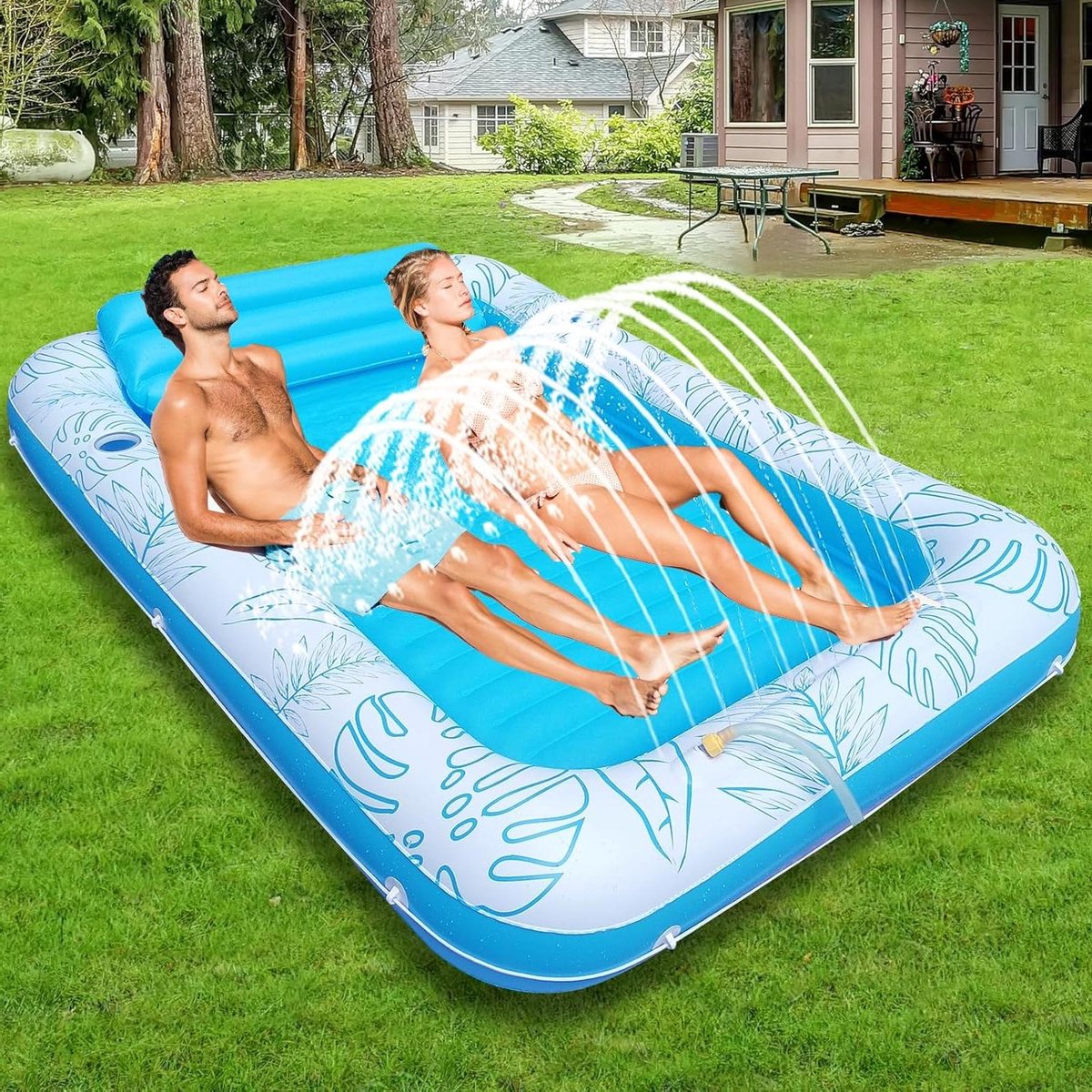 Opblaasbaar Luchtbed - Zonnebed Tuin - Ontspannen in Water - Ingebouwde Sprankelaar - 210x160 cm - Blauw