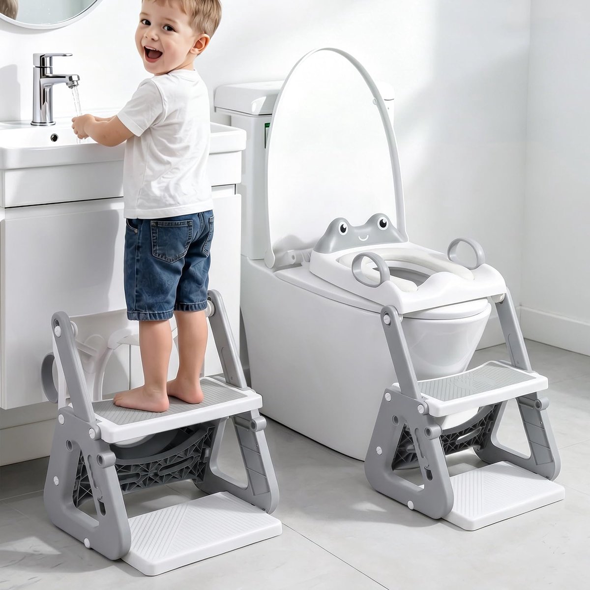 SnelShoppen - Verstelbare Kindertoiletbril met Trap, Kindertoilet Trainingszitje met Opstapje, Verlengde Pedaal & Spatbescherming, PVC Kussen, Anti-sl