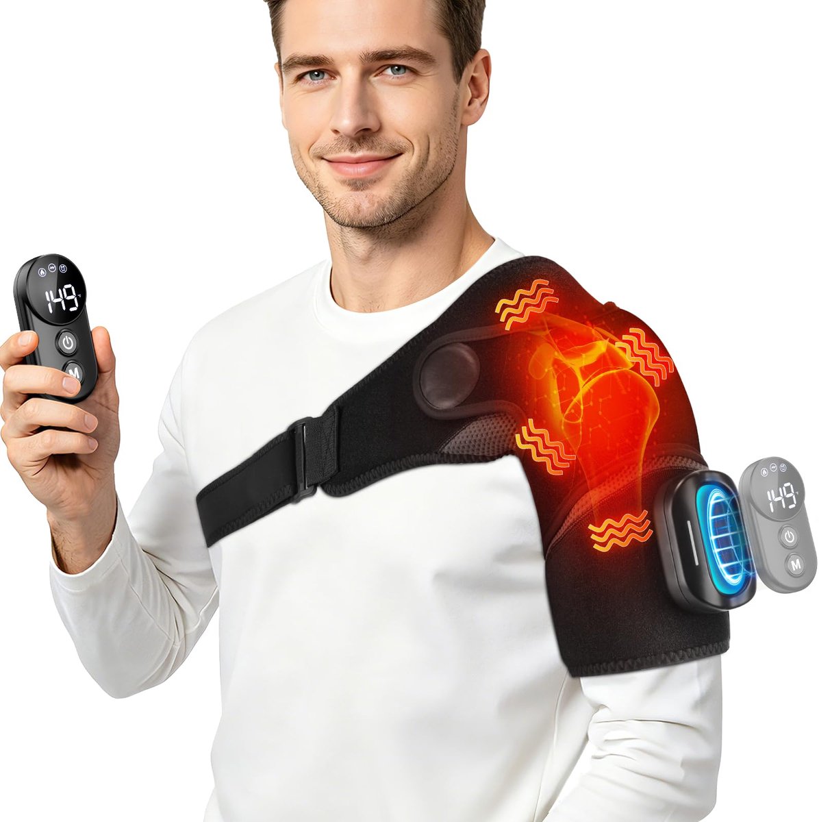 SnelShoppen - Draadloze Verwarmde Schouderwrap met Trilling en Afstandsbediening, 5000mAh Batterij, 3 Timerstanden, 5 Warmte- en Trillingniveaus voor