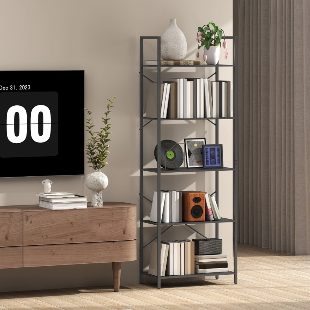 Boekenkast Met 5 Lagen – Ruim Opbergdesign – 60 X 30 X 170,5 Cm – Metaal – Zwart – Voor Woonkamer, Kantoor En Studeerkamer – Met Kruissteun