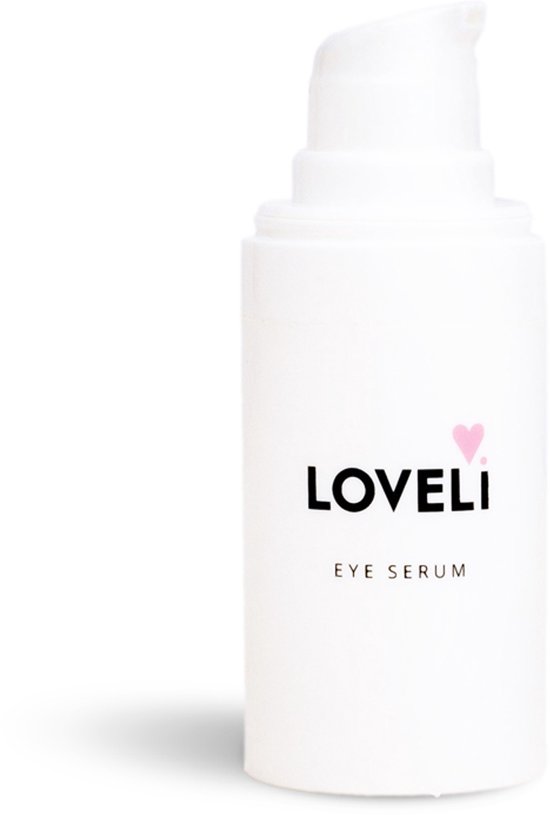 Witte fles met pompje, 'LOVELI EYE SERUM' tekst.