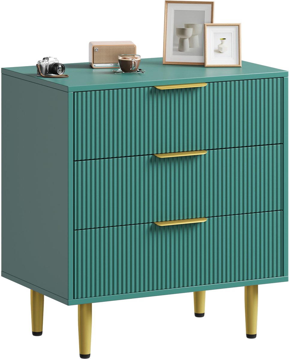 Geribbeld Modern Dressoir - Breed Houten Ladekast Met 3 Lades Metalen Handgrepen En Poten - Opbergkast Voor Slaapkamer, Hal En Woonkamer - Groente