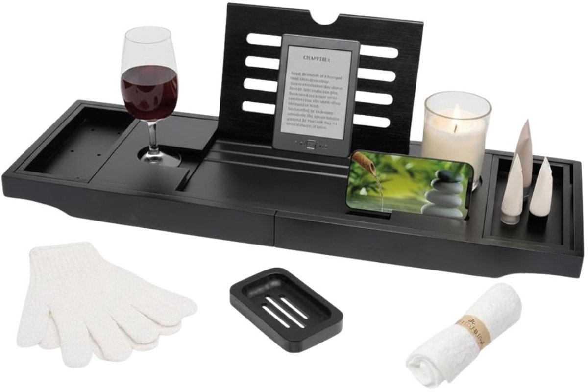 NIVA® Bamboe Badplank - Uitschuifbare Badplank - Luxe Bamboe Badplank - Zwart - 24cm x 70cm x 5cm