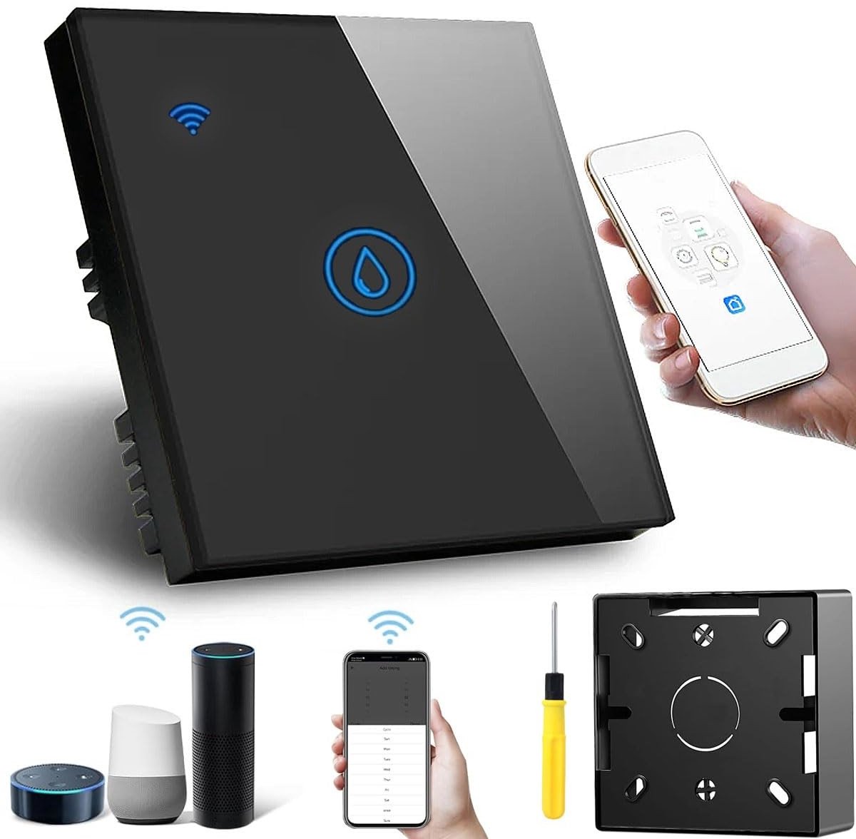 Slimme Timer Schakelaar voor Waterverwarming, 20A 4000W, Compatibel met Google Home en Alexa, Ideaal voor Tuya Smart Life APP, Inclusief 45mm Diepe Doos