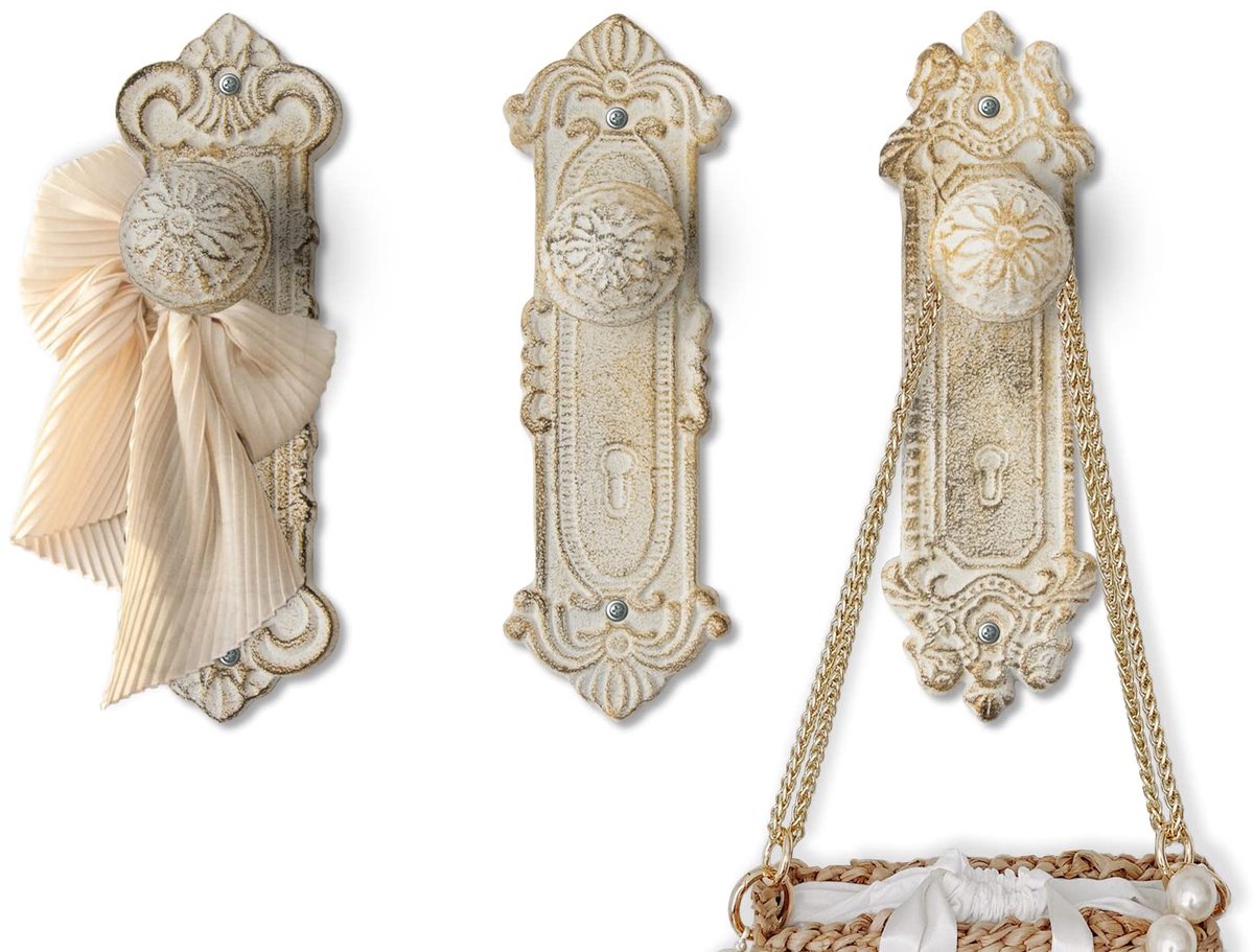 SnelShoppen - Shabby Chic gietijzeren wandhaken set van 3 - rustiek witte deurknop kapstokhaken voor muur - antieke decoratieve haakjes met schroeven