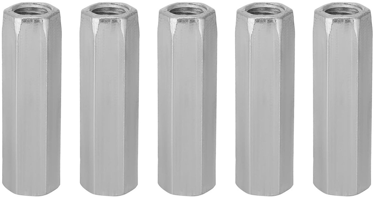 Set van 5 lange zeskantmoeren M10 x 40/50 voor stangen, koppelingsmoeren van koolstofstaal, duurzaam en sterk