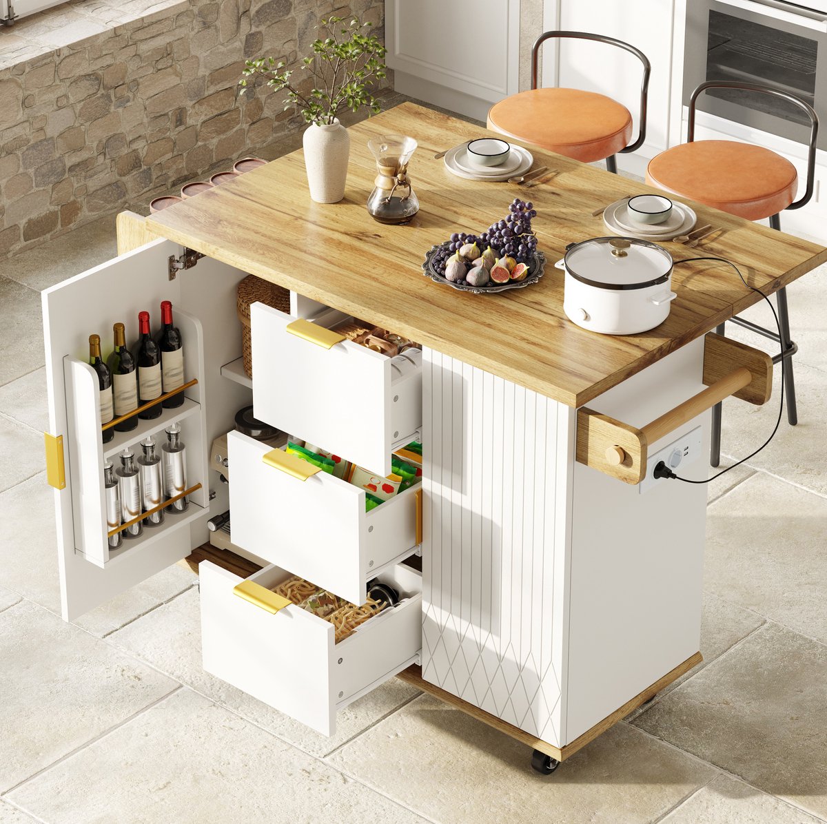 REDOM - Keukenkast - Mobiele keukenwagen met uitklapbaar werkblad en stroomaansluiting - Met wielen en opbergruimte - MDF en metaal - Wit - 134 x 46/74 x 88 cm