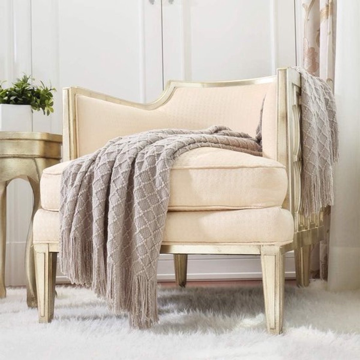 Stijlvolle gebreide deken voor bank en fauteuil, zacht en warm, ideaal voor lente en zomer (50 x 60 inch, beige/khaki)