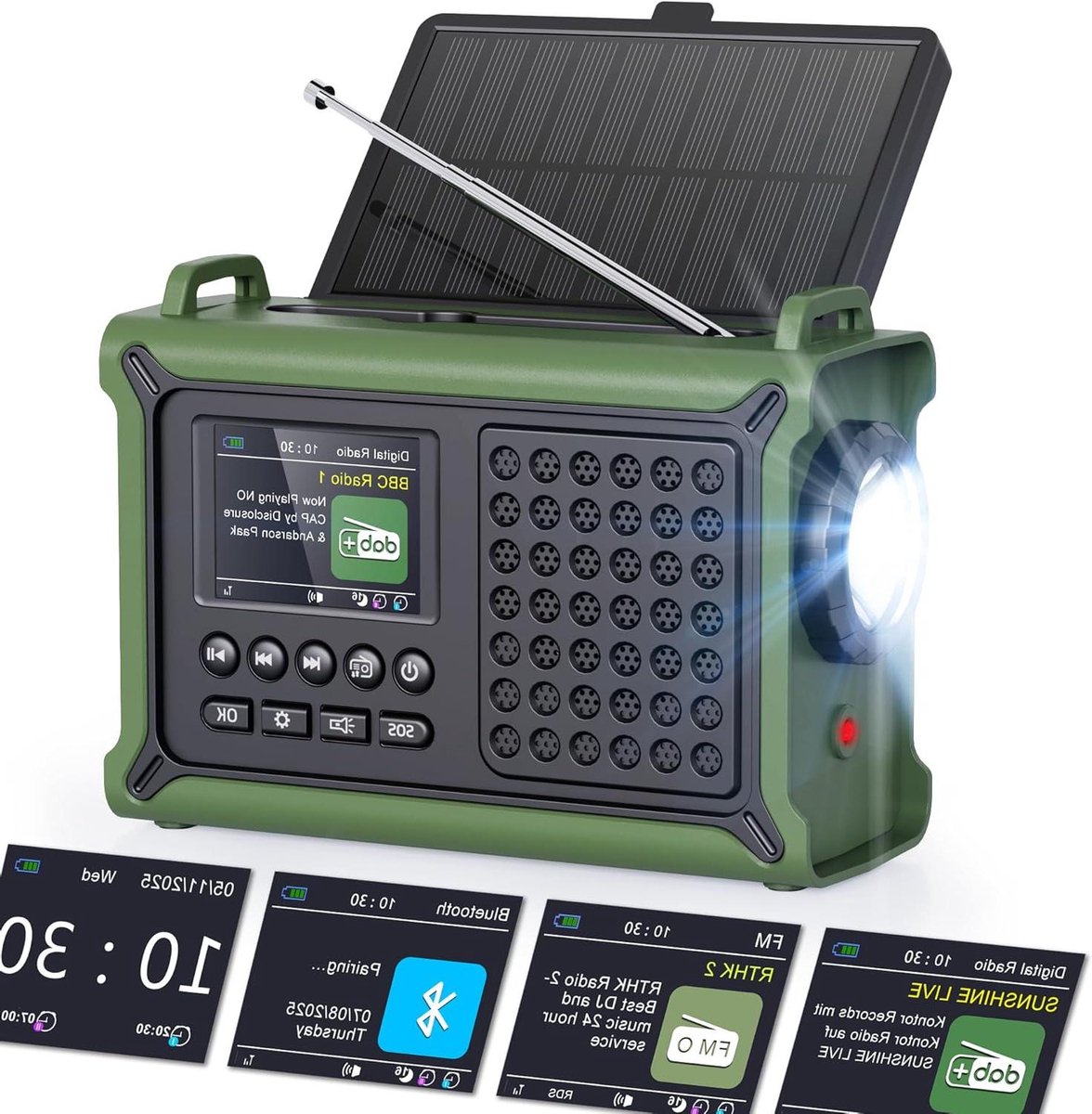 Noodradio met Bluetooth - Draagbare radio - Kamperen en nood - Grote accu capaciteit - 12000 mAh - Groen