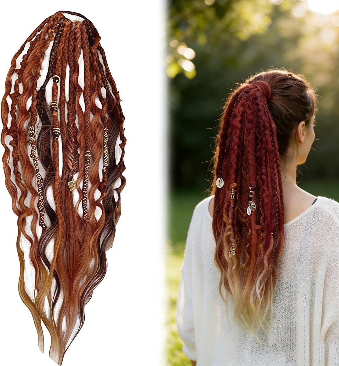 Dreadlock Ponytail van 55 cm - Gevlochten Haarstuk met Elastiek, Bohemian Dreadlock Accessoire voor Vrouwen en Mannen met Kralen en Schelpen