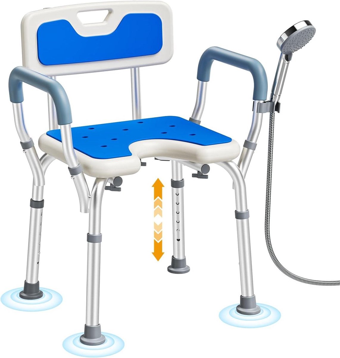 Douchekruk met armleuningen - Badstoel verstelbaar - Veilig douchen - Antislip en stabiel - 38-54 cm hoogte - Blauw