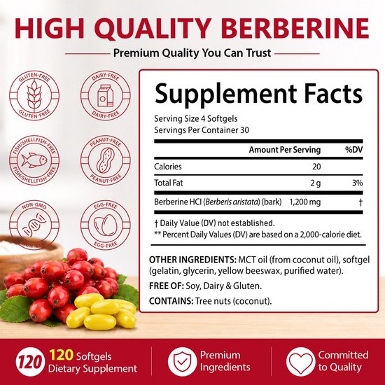 Supplement feiten voor Acentialabs Berberine, met afbeeldingen van de bessen en softgels. Opsomming van allergenen en ingrediënten, inclusief 120 softgels.