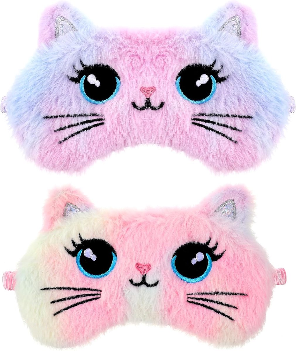 Slaapmasker Kind - 2 Stuks - Zacht Pluche Oogmasker - Schattig Kattenmotief - Ideaal voor Reizen - Veilig voor Kinderen