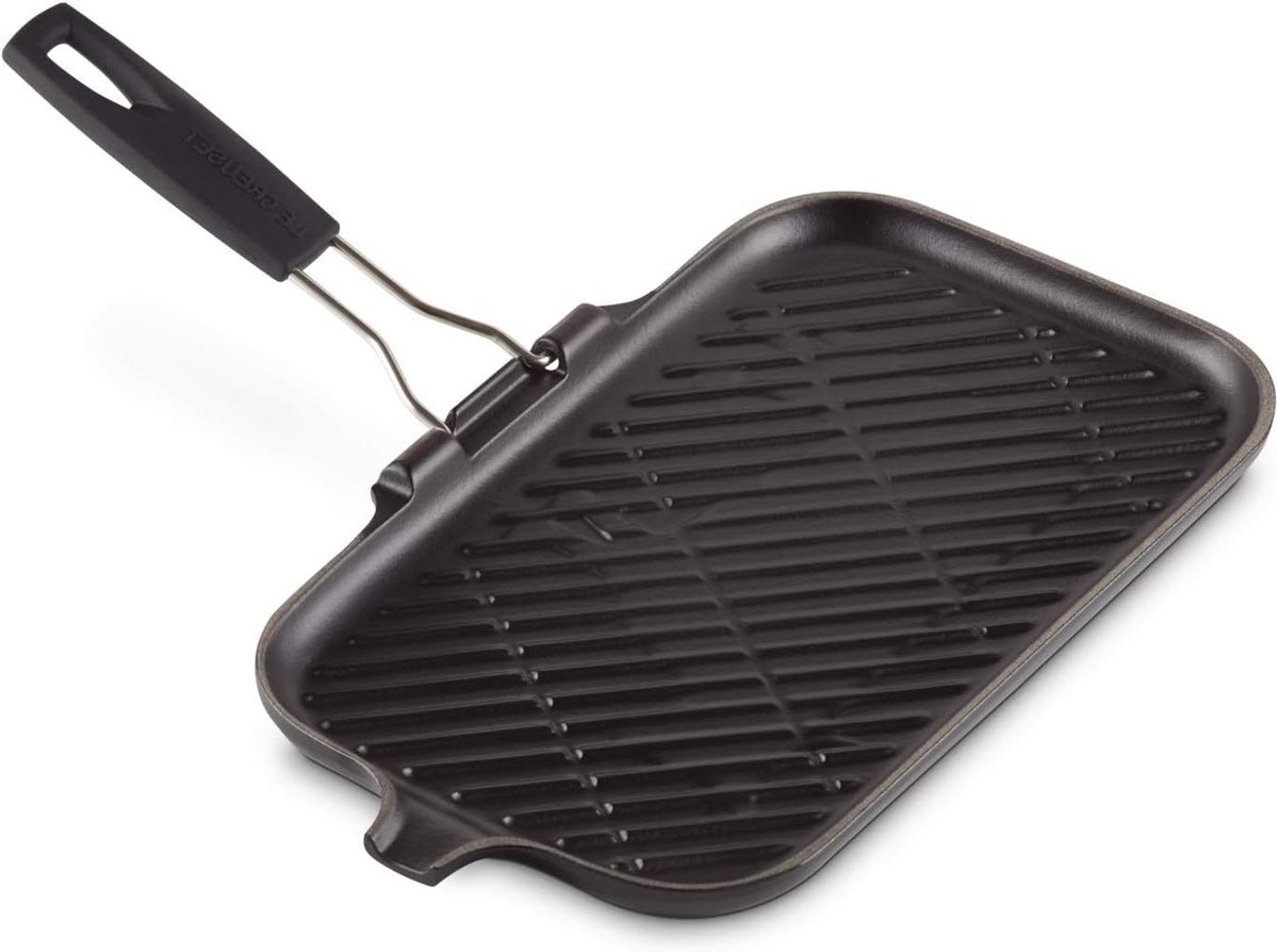 Rechthoekige Grillpan - Gietijzeren Pan - Vetarm Koken - Inklapbare Handgreep - 24 cm - Satijnzwart