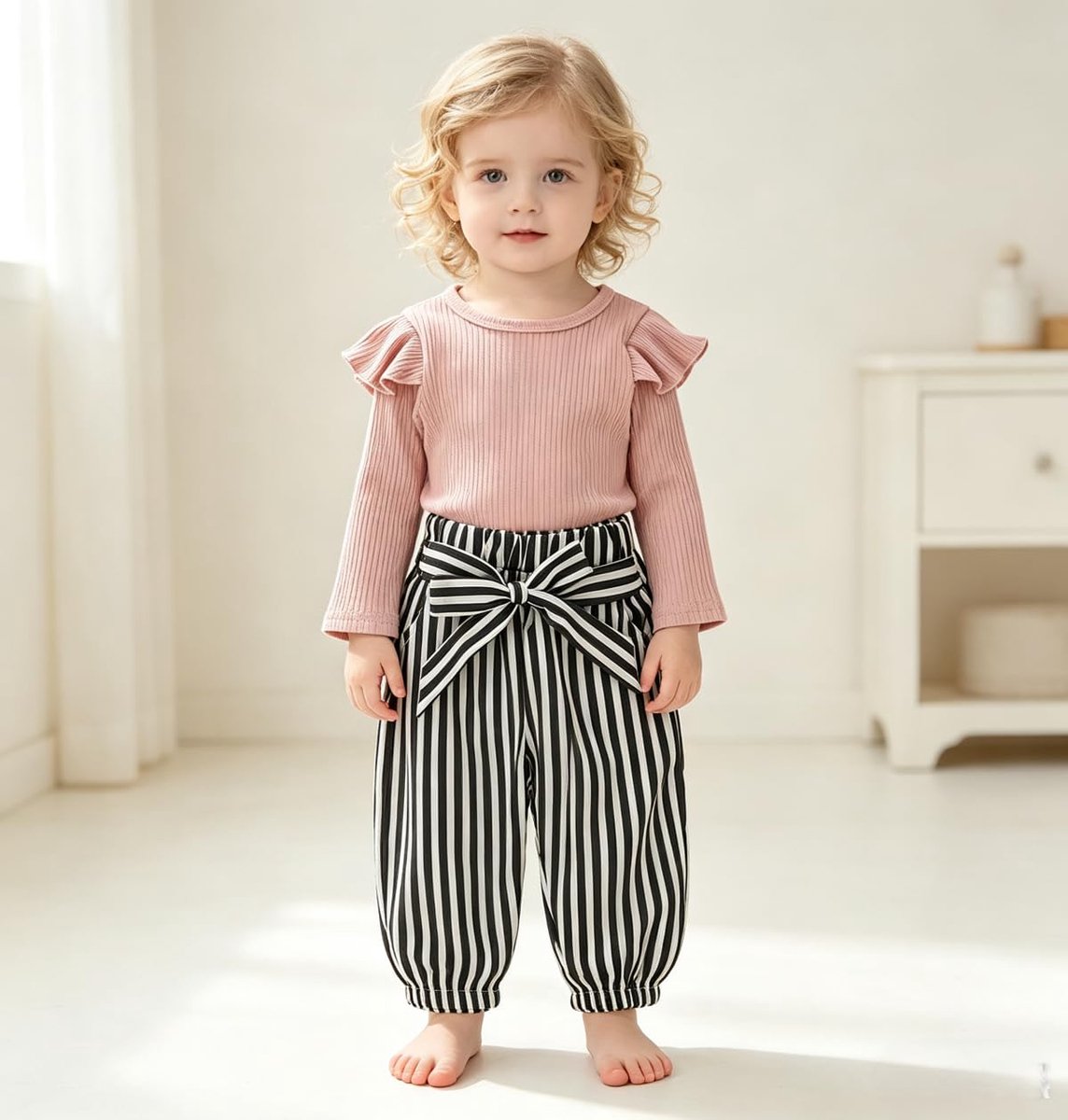 SnelShoppen - Pasgeboren Baby Meisjes Kledingset met Rimpelrompertje + Bow Denim Broekjes, 0-6 maanden, Schattige Outfitset voor Feestjes en Dagelijks