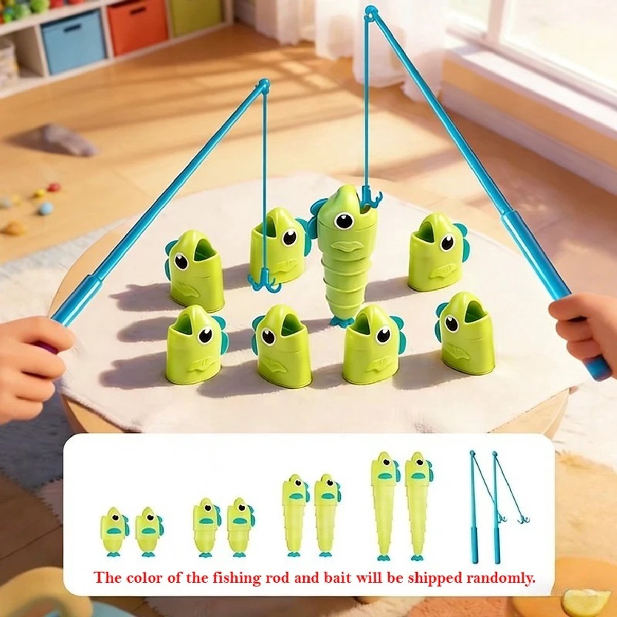Dit telescopische visspel voor op tafel draait om leuk visplezier en traint op effectieve wijze de hand-oogcoördinatie en reactiesnelheid; geschikt voor kinderen vanaf 3 jaar.
