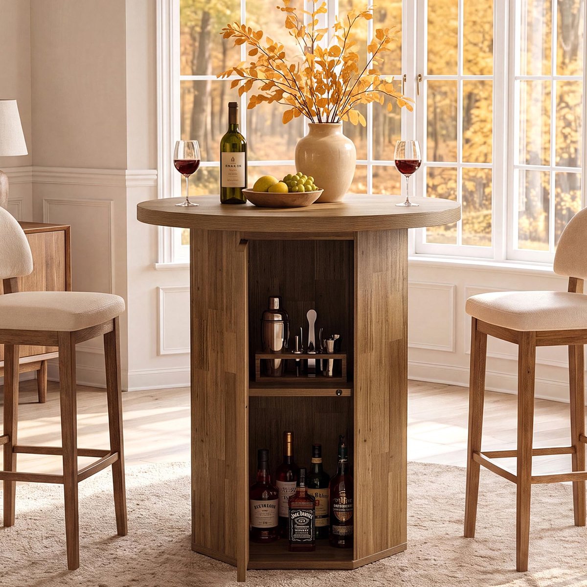 LITTLE TREE Ronde Bistrotafel - Bartafel - Hout - Bruin - Modern - 80 cm - Inclusief opbergkast geschikt voor thuisbar en compacte woonruimtes