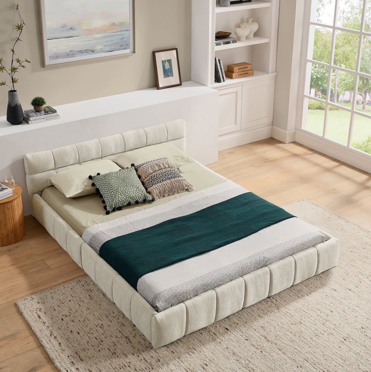 COVREO Bedframe 140x200 cm - beige chenille, stabiel frame, zonder matras