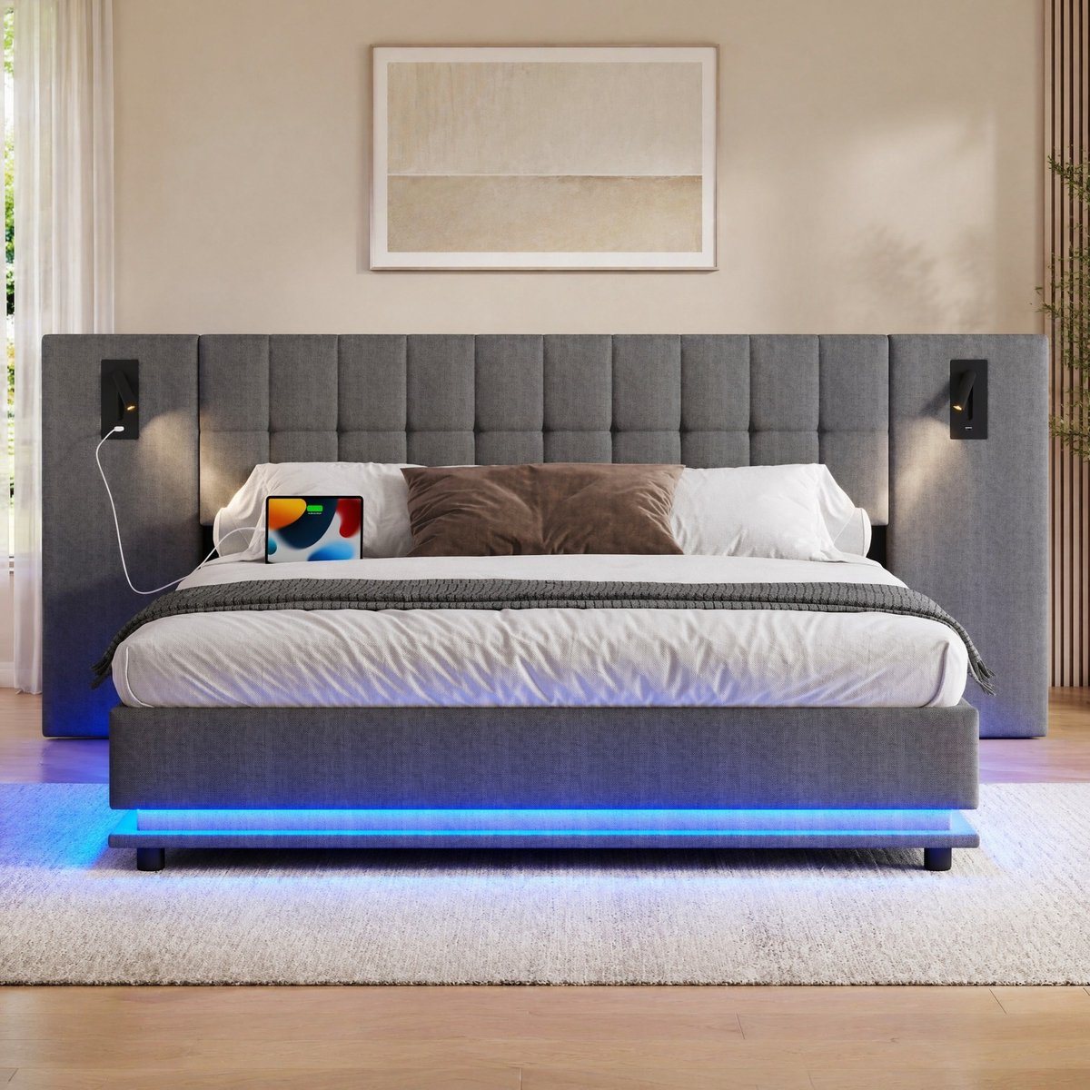 COVREO Bedframe 180x200 cm grijs MDF, LED-verlichting, zonder matras