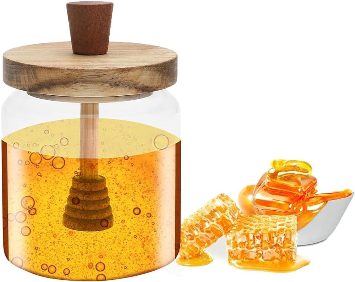 Honingdispenser met houten lepel en deksel, ideaal voor het gemakkelijk schenken van honing, eenvoudig schoon te maken en perfect voor in de keuken