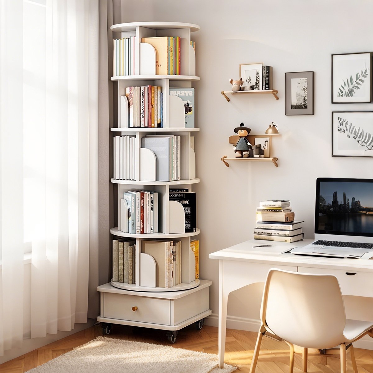 Boekenkast - Draaibare boekenkast - Opbergkast - Hoek boekenkast - 6 lagen - Ronde displaystandaard - 173x46x46 cm - Met wielen en lades - Geschikt voor studeerkamer, slaapkamer - Wit