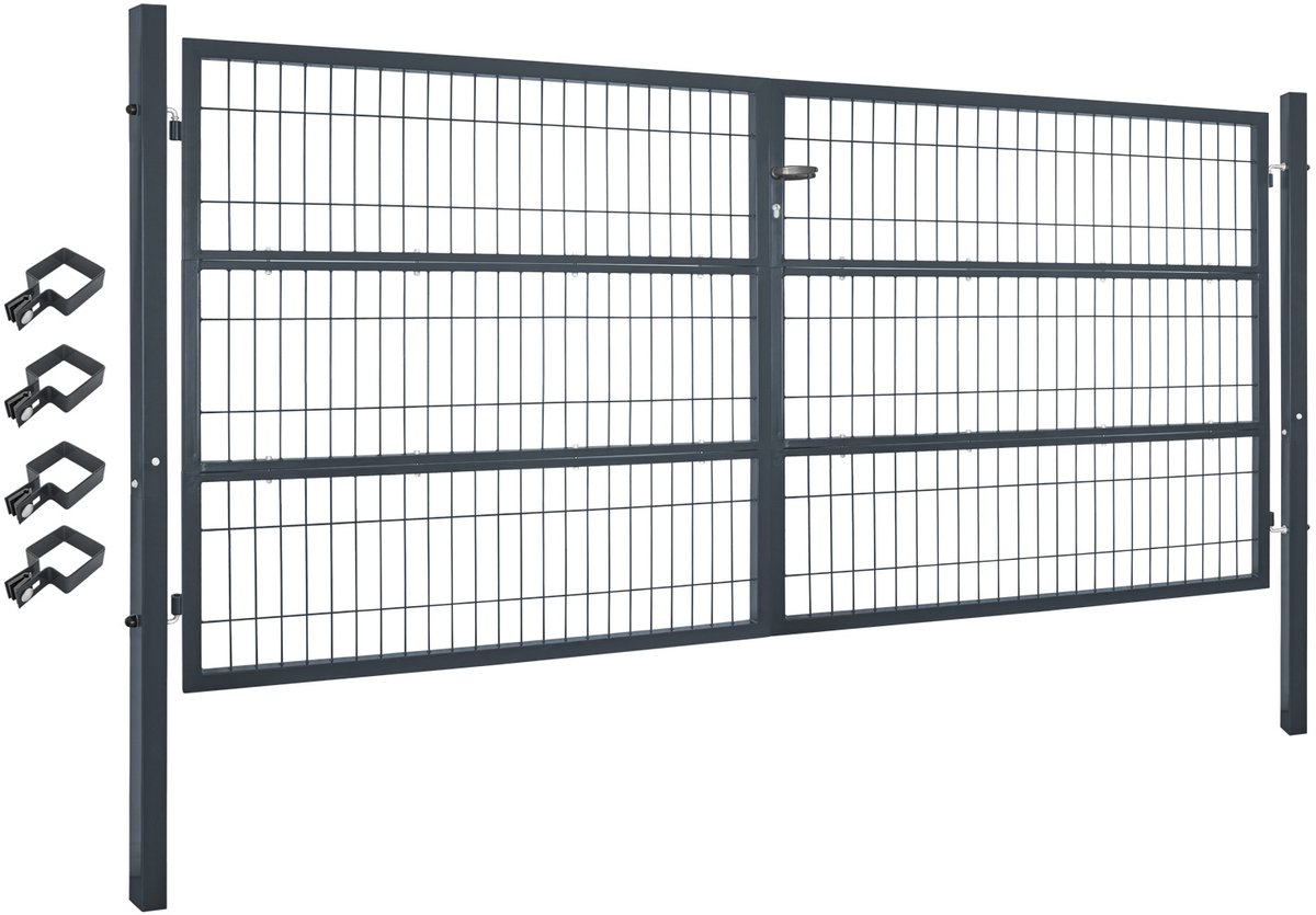 V2Aox Dubbele metalen tuinpoort voor dubbelstaafmathekwerk – 300 cm – Afsluitbaar, inclusief palen – Grijs