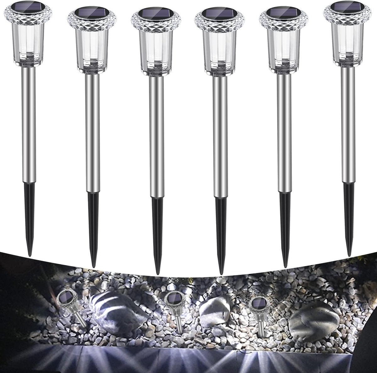 SnelShoppen - Zonnelampen voor Buiten, 6 Stuks, Draadloze Solarlampen, IP65 Waterdicht, Koud Wit LED Tuinverlichting voor Tuin, Balkon, Oprit, Paden,