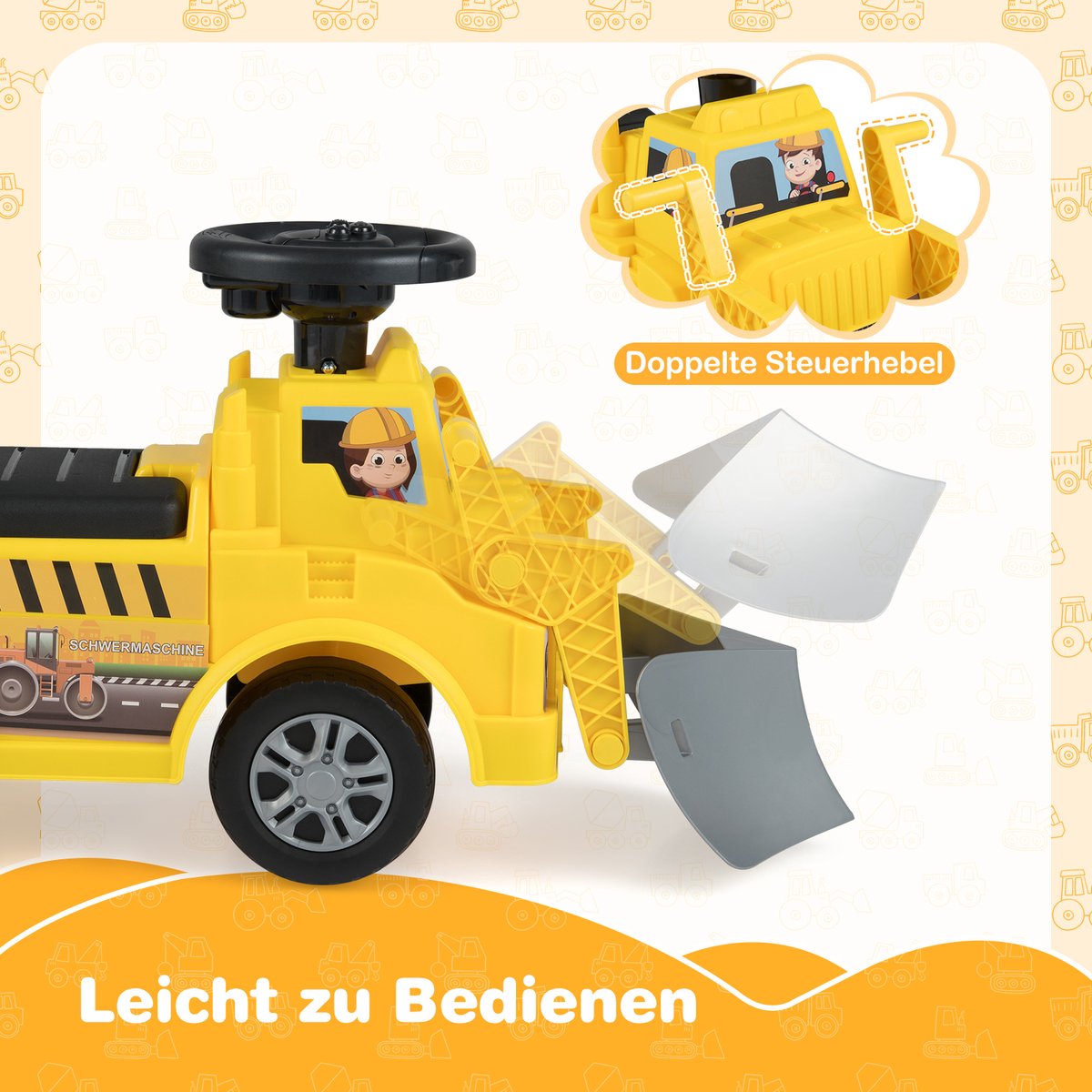 COSTWAY Zitgraafmachine met stofpan en afneembare aanhanger, kindergraafmachine met opbergruimte onder de stoel, claxon en muziek, zitgraafmachine voor kinderen vanaf 1 jaar