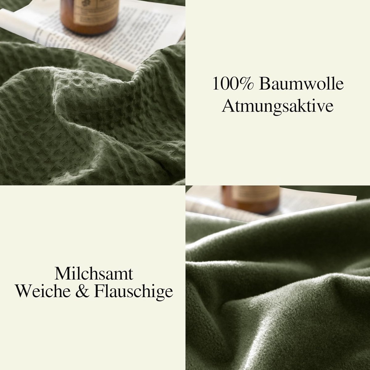 SnelShoppen - Katoenen deken 150 x 200 cm, knuffeldeken van zachte wafelkatoen en melkfluweel, olijfgroen, warme woondeken voor bank en bed, pluizige