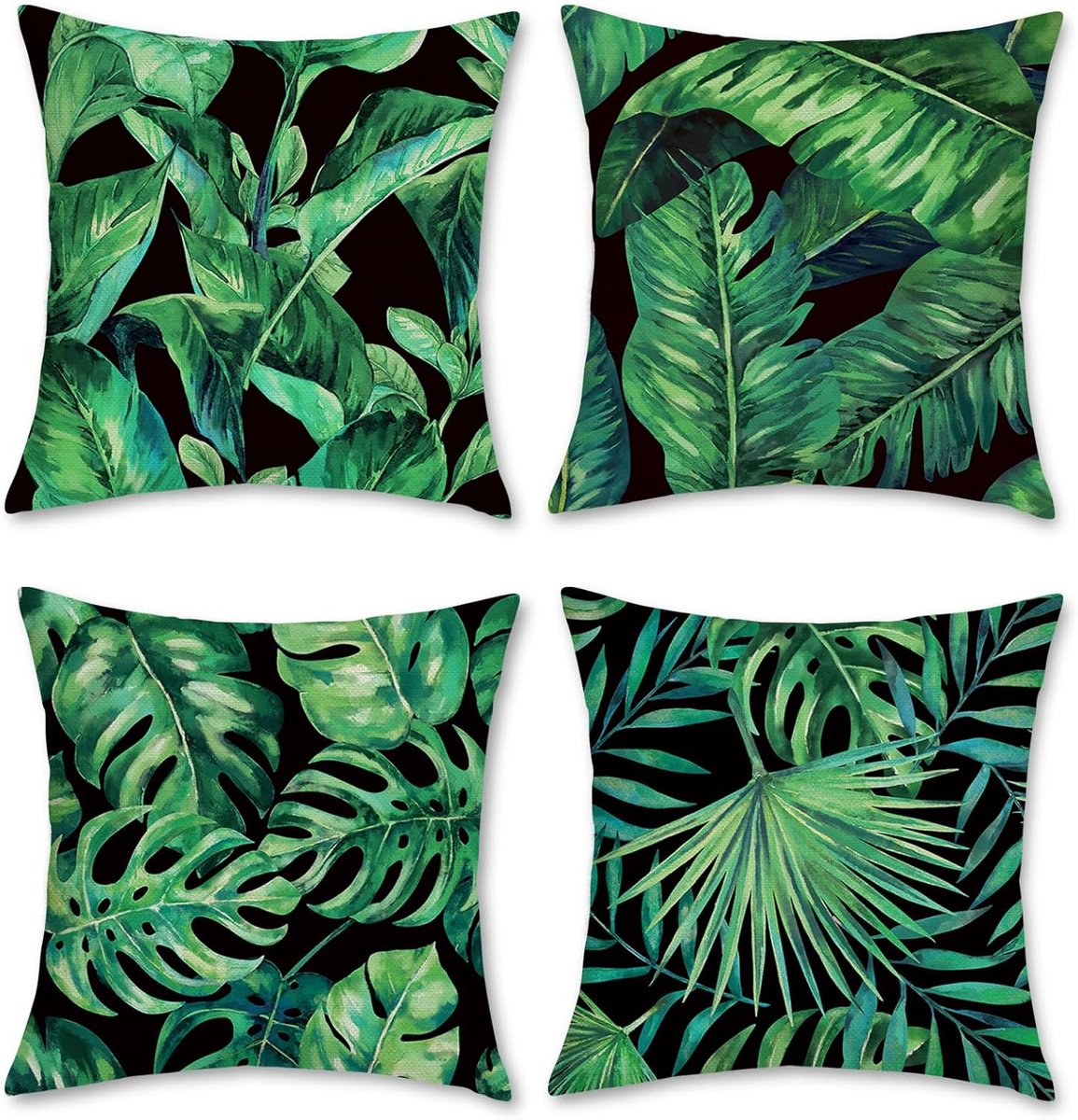 SnelShoppen - Set van 4 Kussenslopen Tropische Bladeren 45x45 cm - Groene Plant - Polyester Linnen Decoratieve Kussenovertrekken voor Bank Slaapkamer