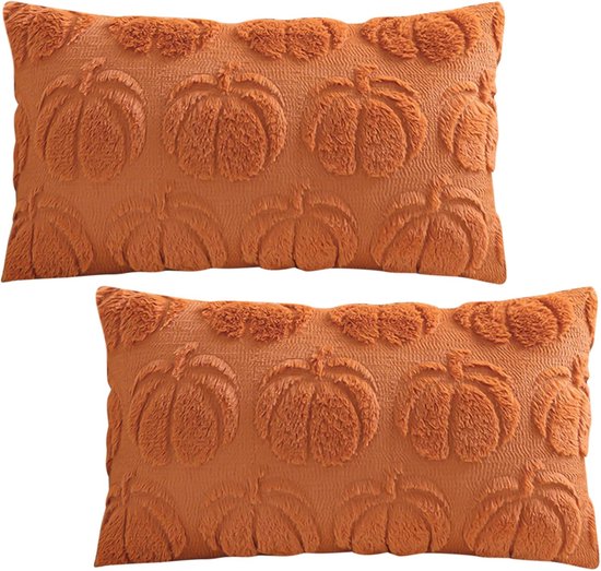Deux housses de coussin orange avec une impression de citrouille brodée et une texture peluche douce.