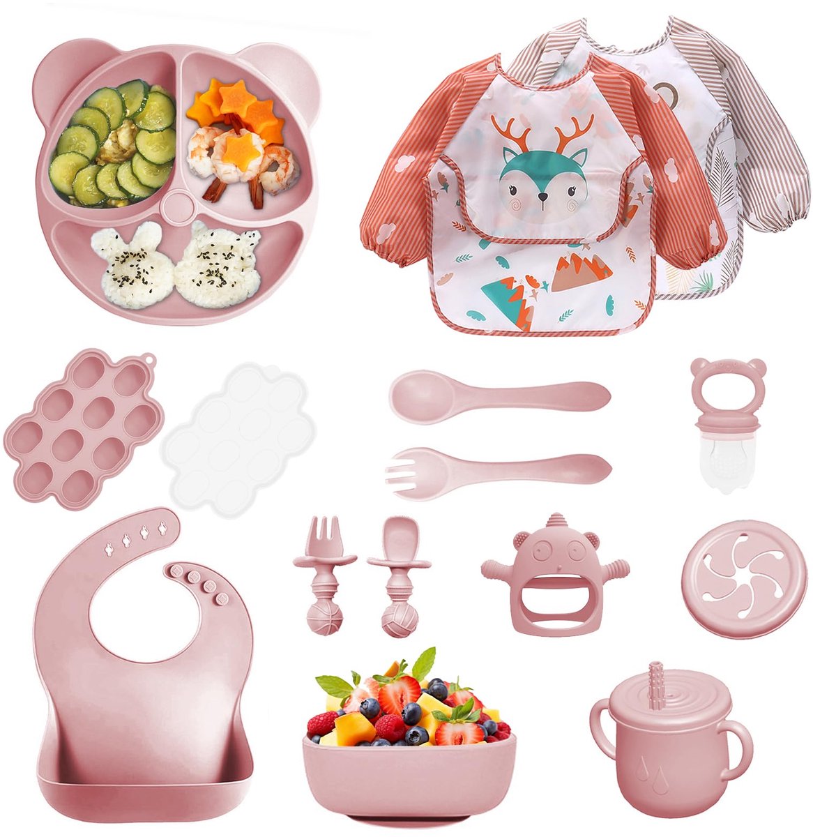 SnelShoppen - 14-delige set voor babyvoeding, siliconen spennenset met bord met zuignap, kom, bekers, slabbetje, lepel en bestekset voor kinderen in r