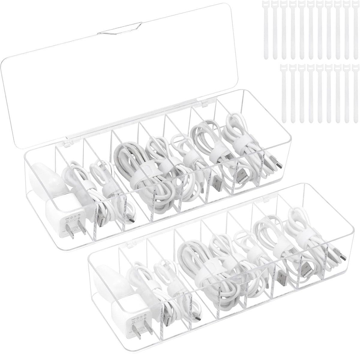 Cable Storage Box, 2 Pieces, Transparent Cable Organiser Box with 8 Compartments, 20 Cable Ties, Charging Cable for - ShopVlot