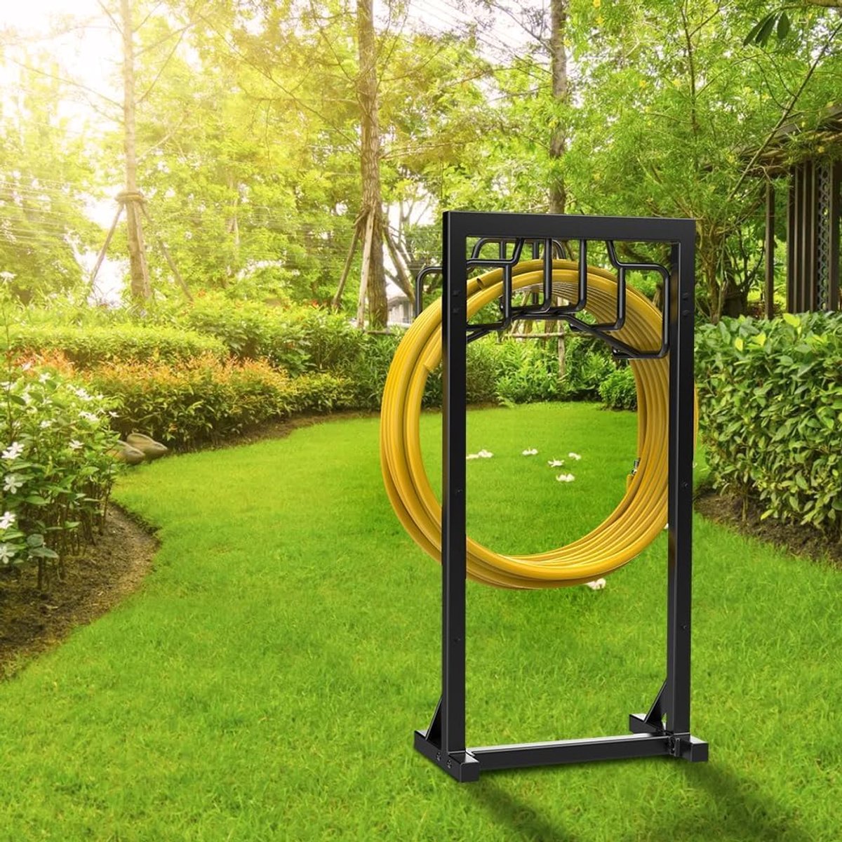 Bomclap 117 cm tuinslanghouder, vrijstaande slanghouder, afneembare metalen tuinslangopbergorganisator, Heavy Duty tuinslangstandaard met opbergmand, zwart