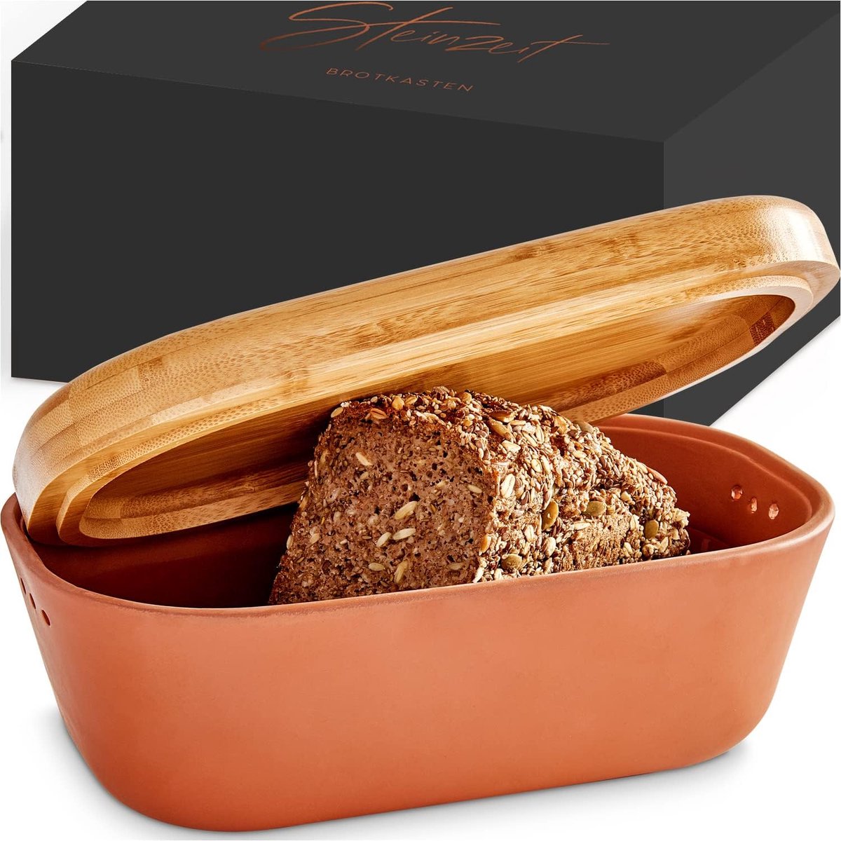 SnelShoppen - Steinzeit Design Broodtrommel van Ademend Klei, Keramische Broodtrommel met Bamboedeksel voor Ruimtebesparend Bewaren van Brood, Keukena