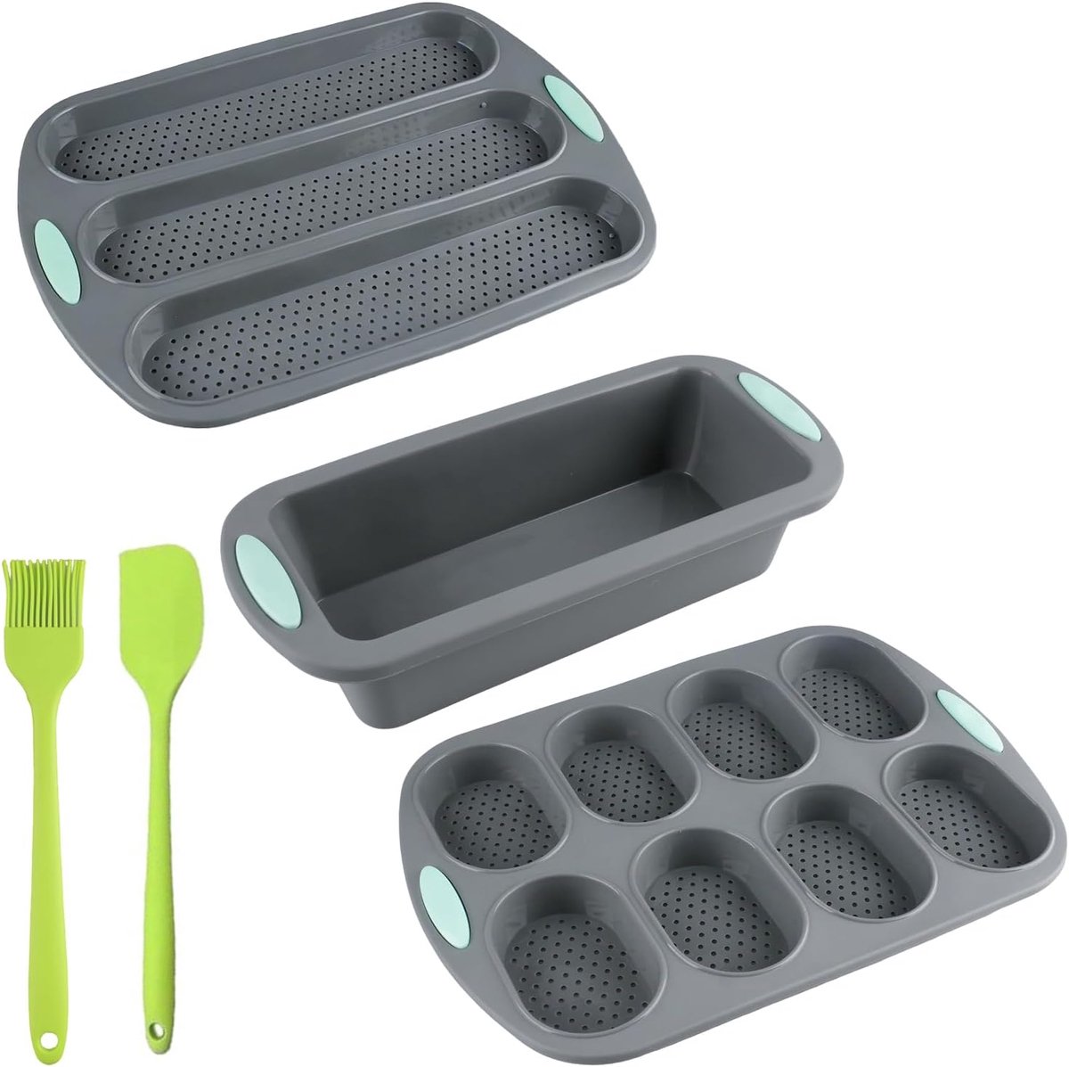 SnelShoppen - 3 Stuks Silikon Baguette Bakvorm Set, Antiaanbak Brood Bakvorm met Broodjes Bakvorm, Silikon Deegschaber & Bakpenseel, Keuken Accessoire