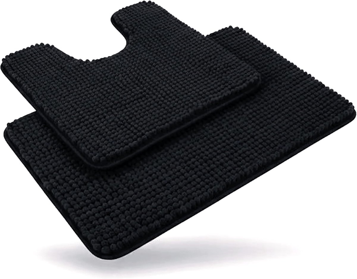 SnelShoppen - Badkamermat Zacht Chenille Antislip Zwart 1400 g/m² Douchemat 50 x 80 cm en WC-mat met Uitsparing 50 x 50 cm
