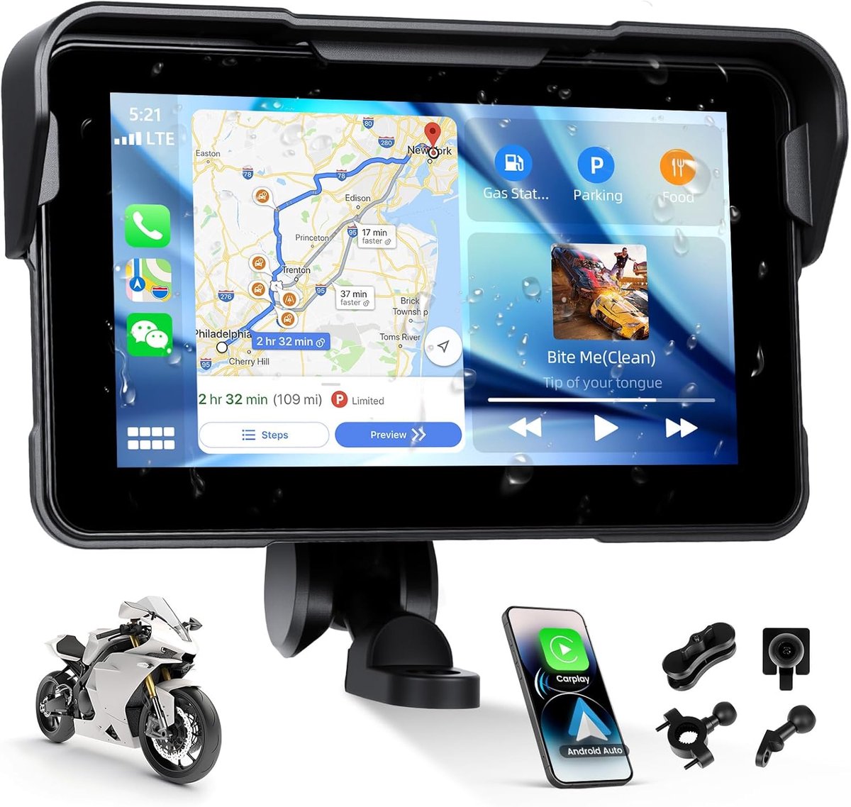 SnelShoppen - SIXTOP Motor Carplay-scherm, draadloze CarPlay en Android Auto voor Moto, 5 inch waterdicht touchscreen, Bluetooth audio, GPS-navigatie,