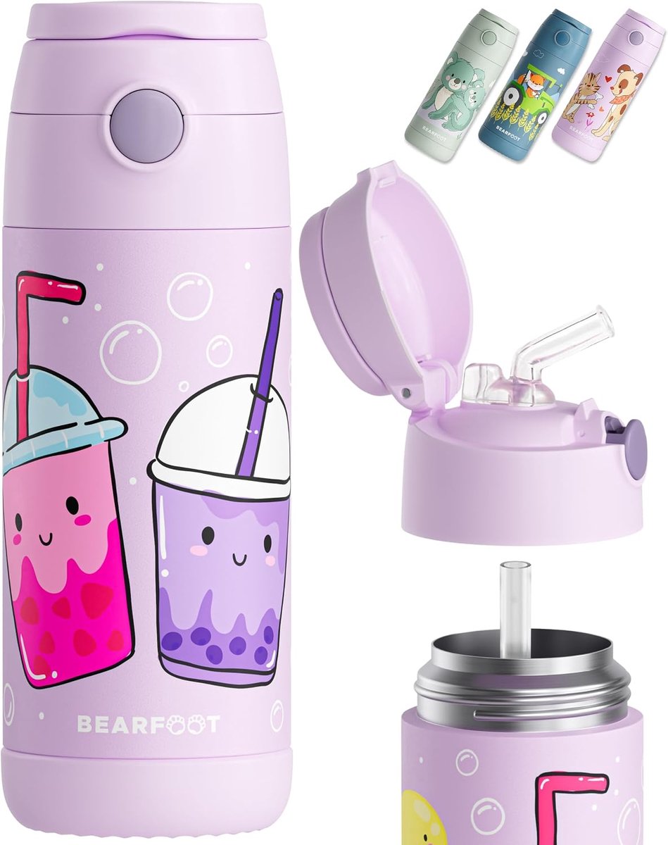 SnelShoppen - Kinder Drinkfles 350ml Bubble Tea Lila | Thermo, Vakuumisolatie, Met Strohhalm, Uitlaufsicher, BPA-vrij, Voor Meisjes & Jongens