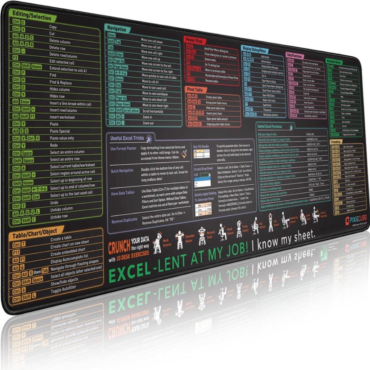 SnelShoppen - Grote Excel Muismat 80 x 30 cm, Antislip Bureauonderlegger met Excel-shortcuts en Toetsencombinaties, XL Gaming Muismat voor Kantoor en