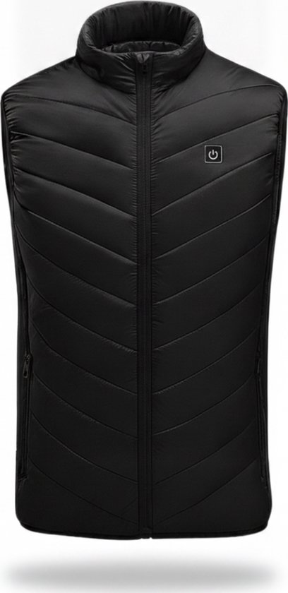 Zwarte gewatteerde bodywarmer met staande kraag en ritssluiting, met aan de voorkant een USB-symbool.