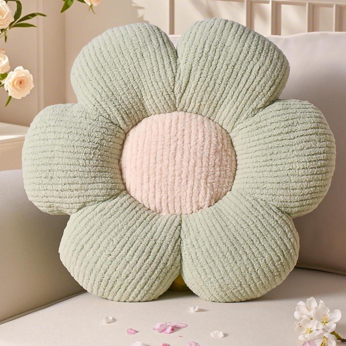 SnelShoppen - Yhoelata Bloemkussen 40 cm - Groen Pluche Vloerkussen met Madeliefjesdesign - Sierkussen voor Bank, Bed en Kinderkamer - Decoratief Woon