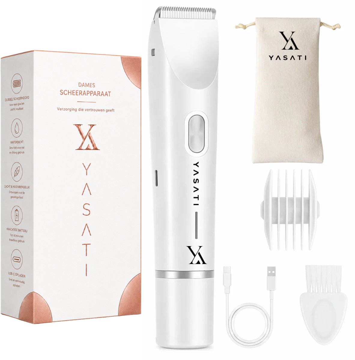 YASATI Oplaadbare 2-in-1 Elektrische Bikinitrimmer + 2 extra Scheerkoppen Voor Vrouwen - Wit - Waterdichte Scheerapparaat Voor Oksels - Benen En Armen - Reizen - Ladyshave Vrouwen - LadyGroomer - Scheerapparaat vrouwen - Inclusief Reiszakje