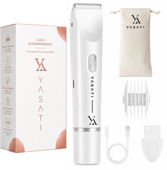 YASATI dames scheerapparaat met accessoires, naast de verpakking. Inclusief oplader en opbergzakje.