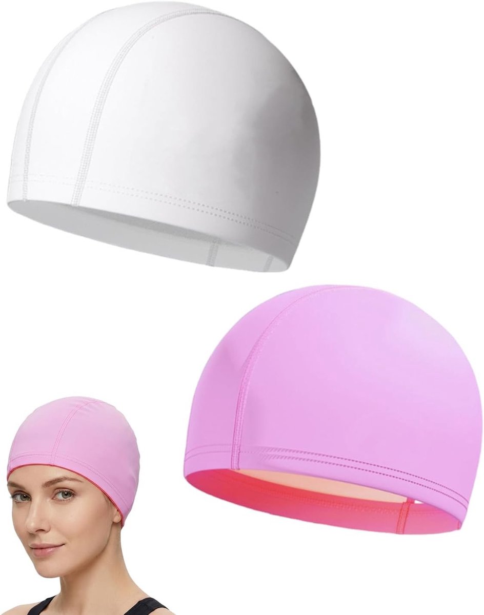 Zwemcaps voor Volwassenen, Wit en Roze, Geschikt voor Lang Haar, Zacht PU, Elastisch en Lichtgewicht, Unisex Zwemaccessoires