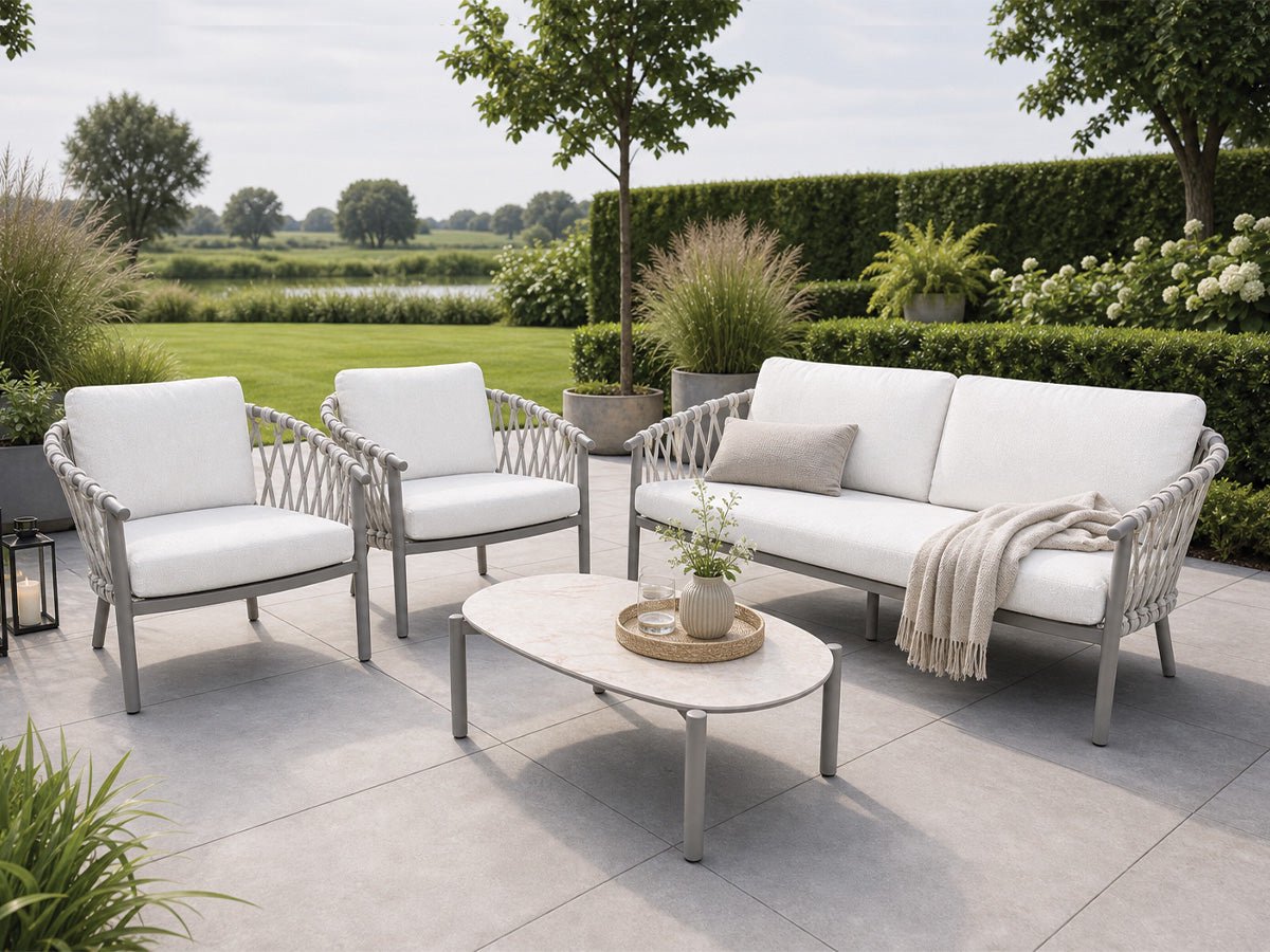 Fonteyn Loungeset Fabia - 4-persoons Loungeset, Buitenzitgroep en Tuinmeubelset met Loungebank en Tafel - 185 x 80 x 70 cm - Aluminium - Geschikt voor Tuin, Terras en Balkon - Inclusief Kussens - Taupe