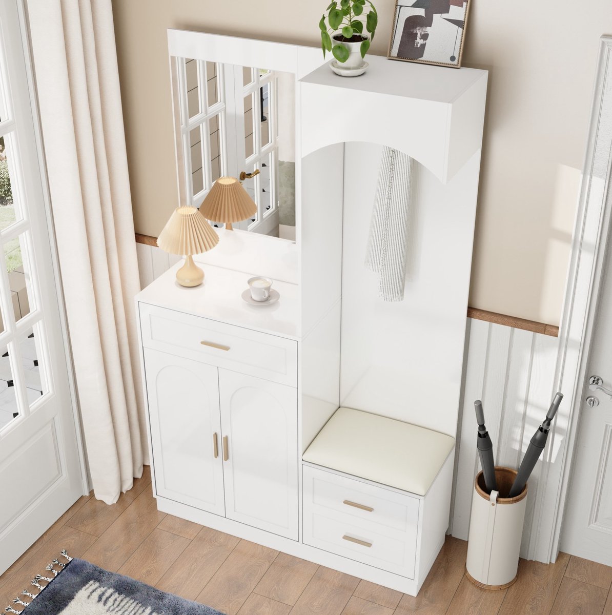 COVREO Schoenenkast 110x33x185,5 cm wit, MDF met spiegel en zitbank