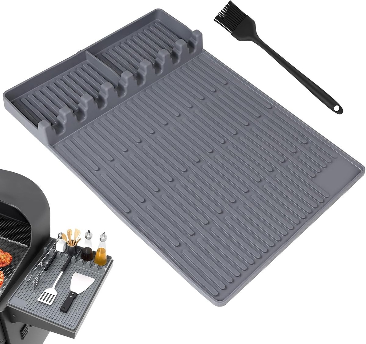 BBQ Grillmatten voor Grill en Tafels, Inclusief Borstel, Siliconen Mat voor Barbecue, Grijs, Antiaanbak, Hittebestendig, Herbruikbaar