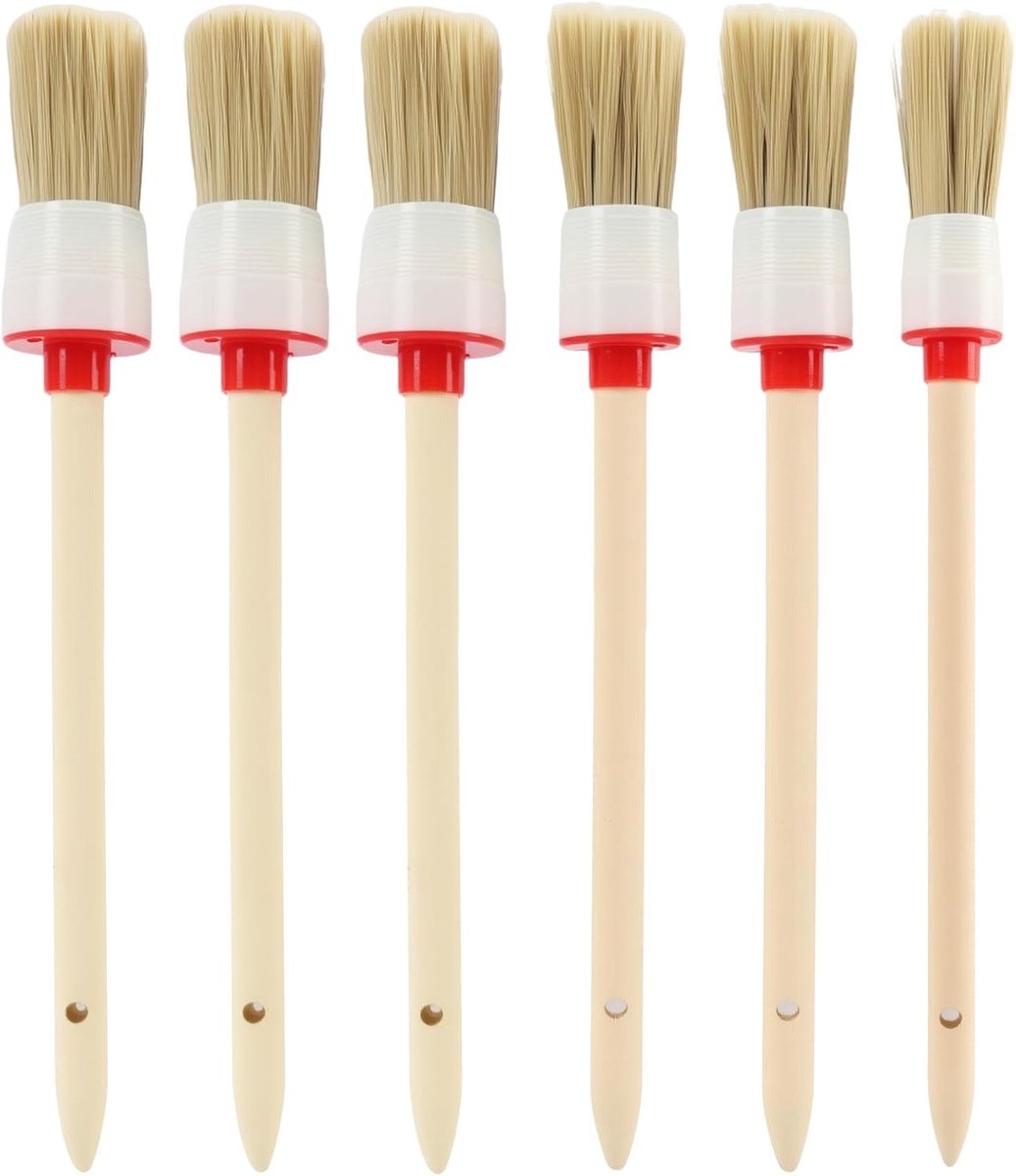 Natuurlijke Borstels met Houten Handvat, Set van 6 voor Acrylverf, Krijtverf en Decoratie, Perfect voor Stencils, Re-mould en Auto Schoonmaak